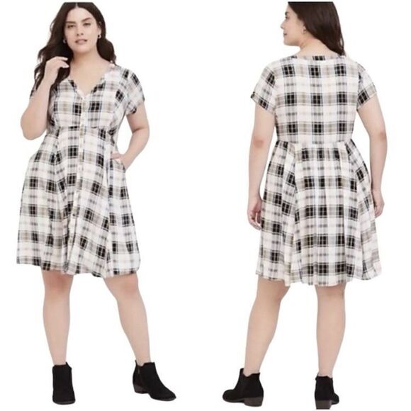 Torrid Challis Plaid Shirt Dress Black Yellow Pockets Button Front Women Size 0 - Picture 1 of 13